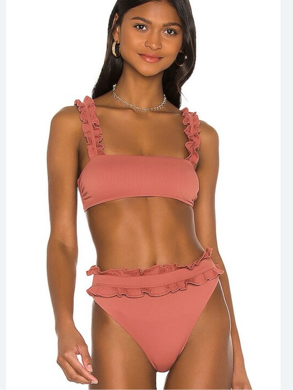 Beach Riot Small Ribbed Ruffled Bikini in Rust ~ Ivy Bottoms Madeline Top